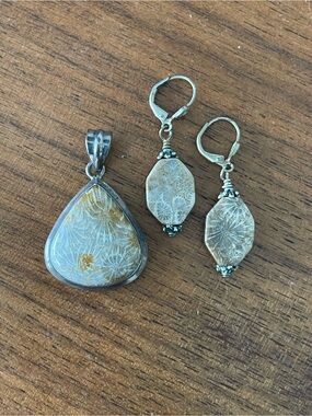 Floral Fossilized Coral Pendant and Earrings Set in 925 sterling silver